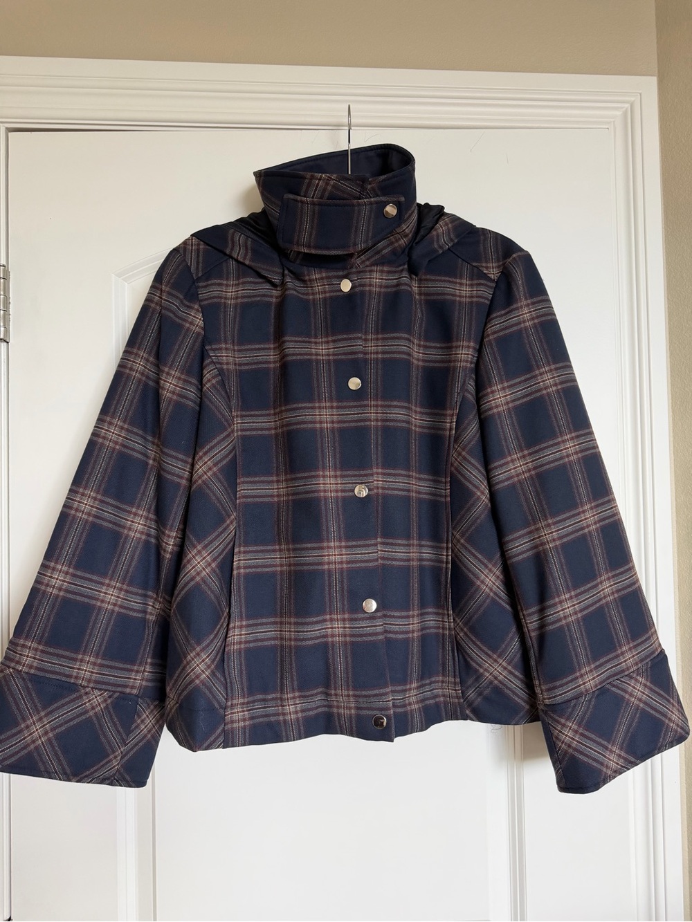 Zara Navy Plaid Funnel-Neck Peacoat